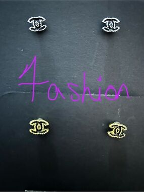 Fashion Double CC Stud Earrings in Silver and Gold Tones black inlay- YOU PICK!